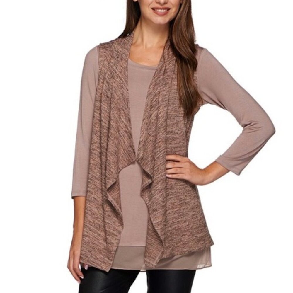 LOGO Lori Goldstein Vest & Tee Set Medium Pink Stretch Casual Boho Womens Top - Picture 1 of 10